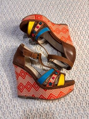 Aldo Brown Wedge Sandals with Blue and Yellow Straps